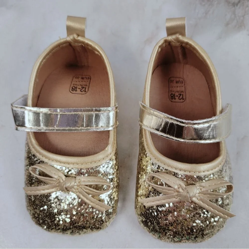 Baby Infant Gold Glitter Mary Jane Dress Shoes Slippers, 4.5 / 12-18 Months